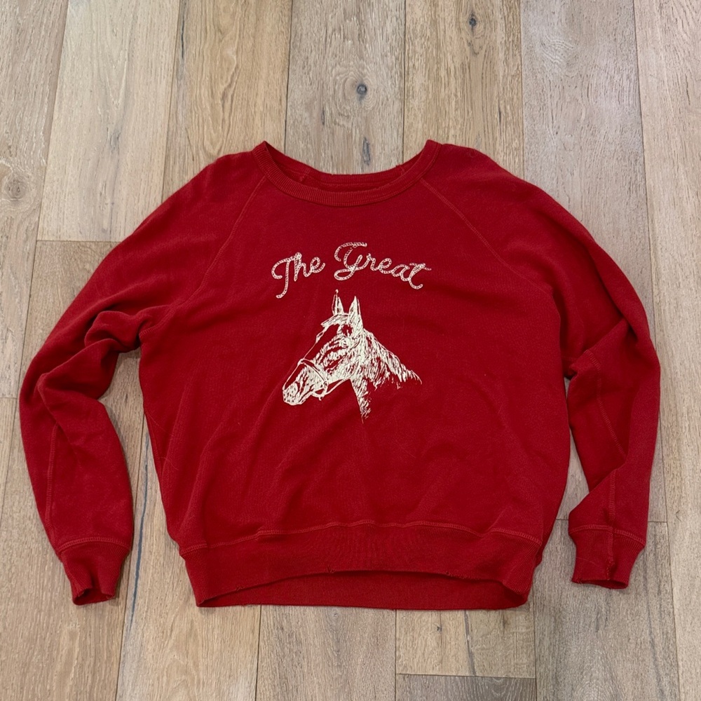 THE GREAT. Red Crew Neck Sweater with Horse Design